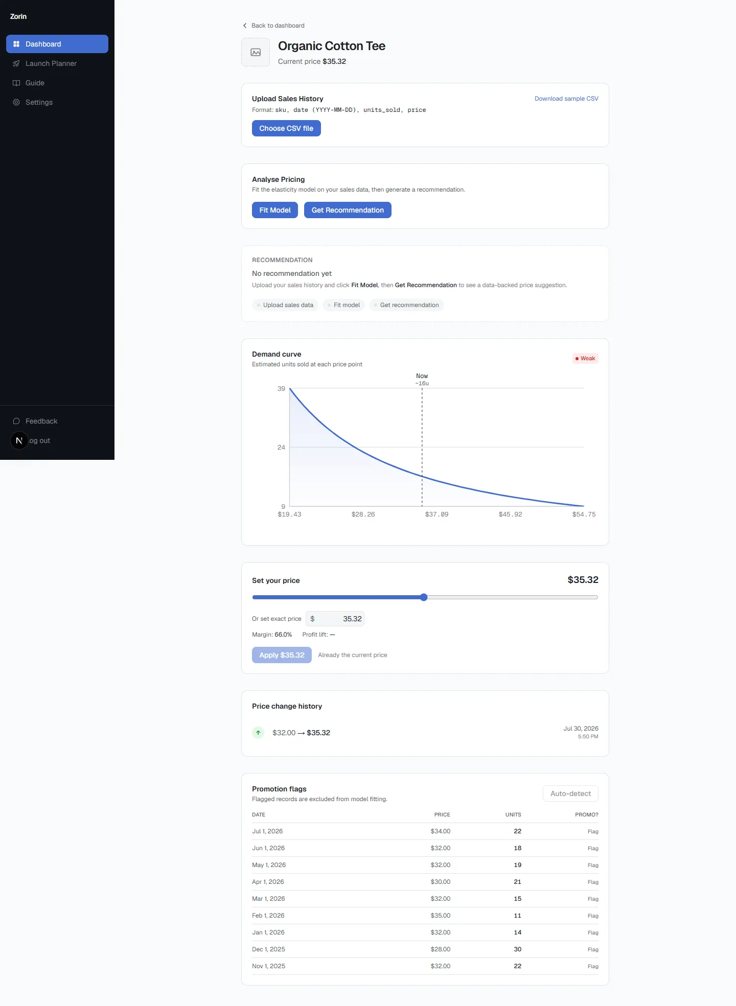 Zorin price history view showing past price changes for a product alongside the sales volume at each price point