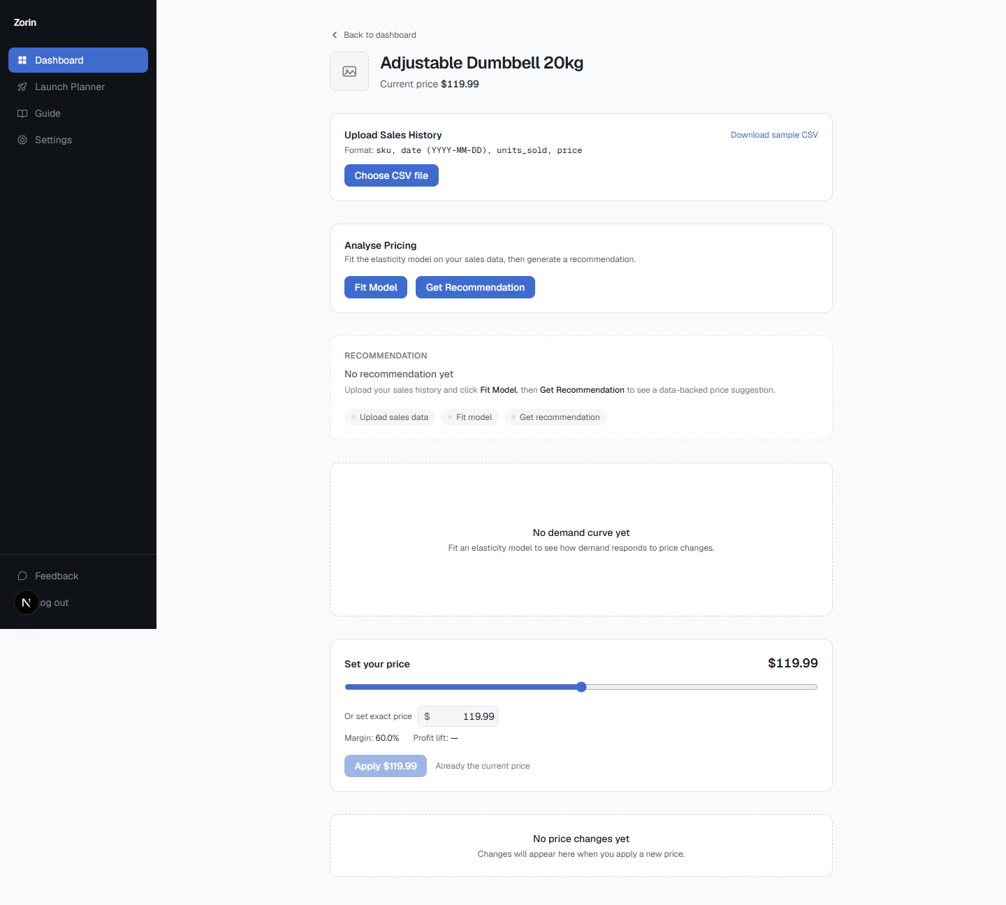 Zorin product page for a new product with no sales history yet, showing 'No recommendation yet' and 'No demand curve yet' empty states with prompts to upload data and fit a model