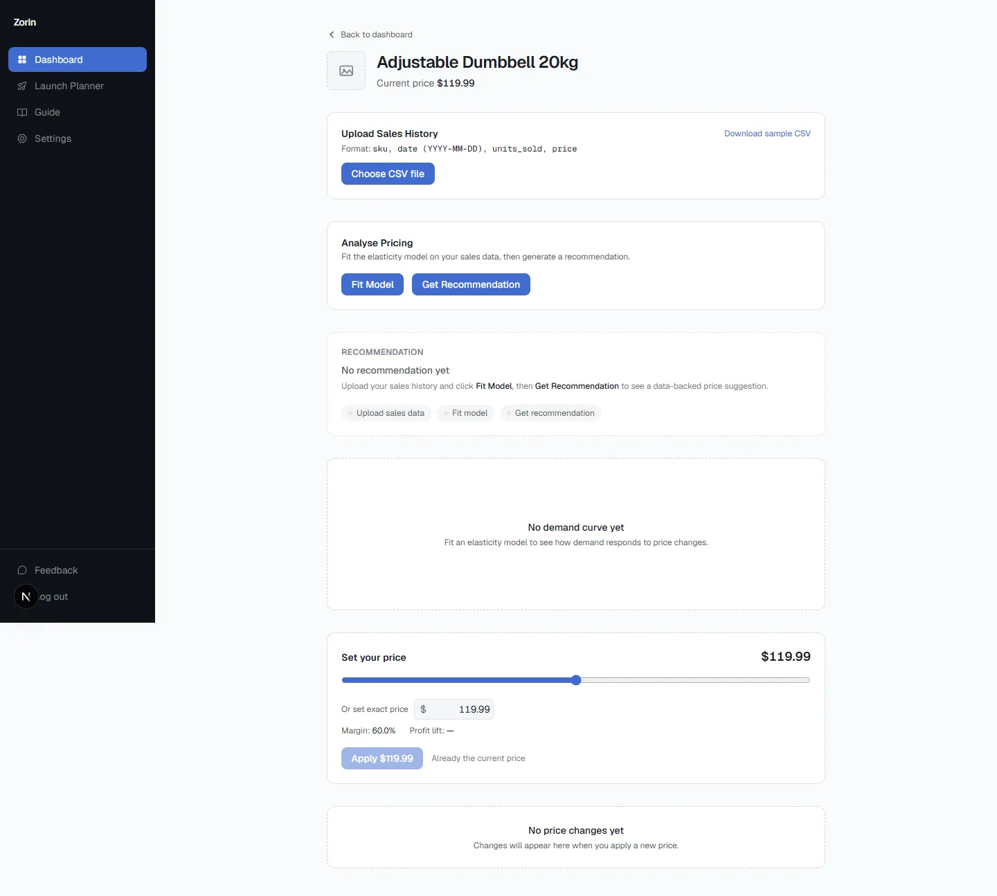 Zorin product page prompting a first data upload before generating a pricing recommendation
