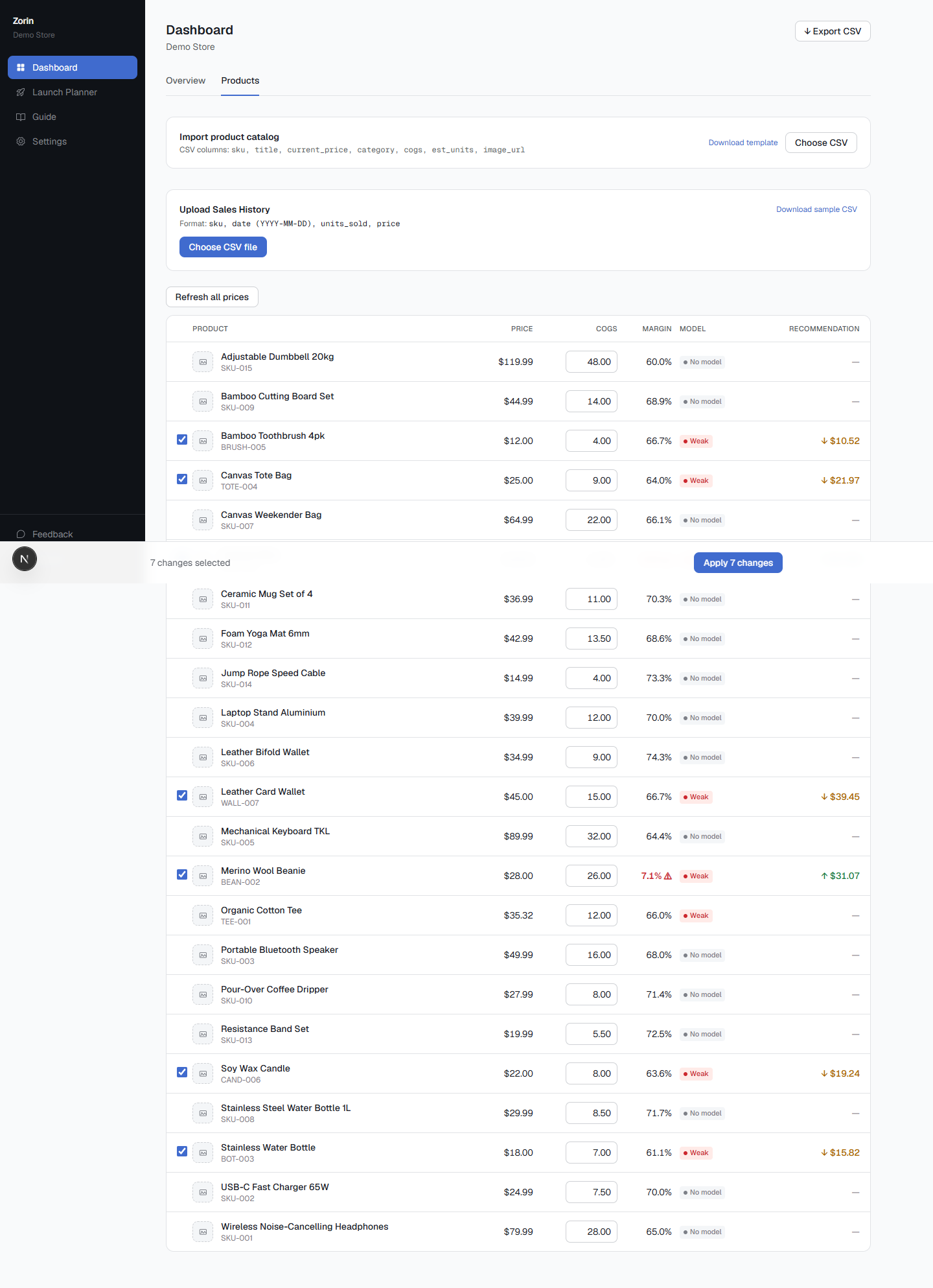 Zorin catalog view showing different products with different raise or lower recommendations, illustrating that no single competitive position fits an entire catalog