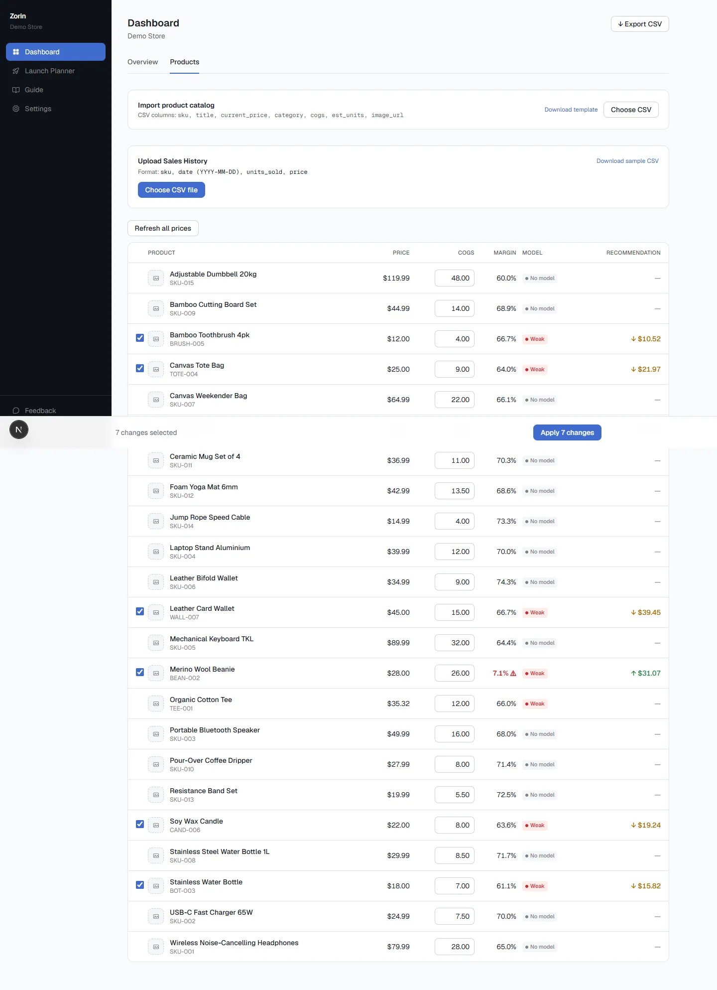 Zorin catalog view showing different products in the same store with different margins, model confidence, and raise or lower recommendations