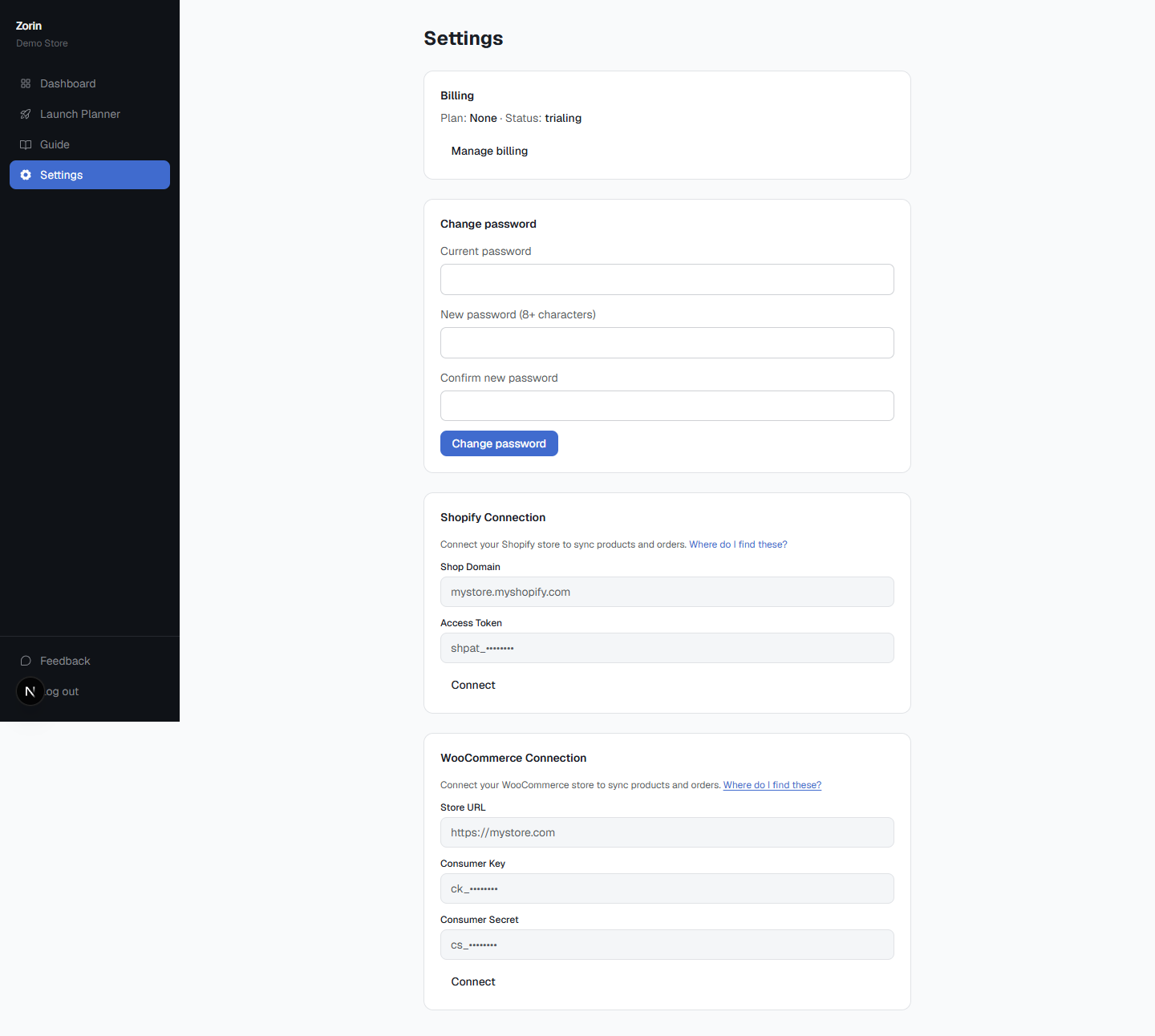 Zorin settings page showing separate Shopify Connection and WooCommerce Connection forms, each with its own store domain and access token fields