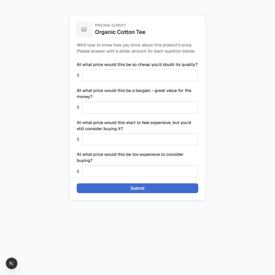 A customer-facing Zorin price sensitivity survey page showing the four classic Van Westendorp questions with a dollar-amount input for each