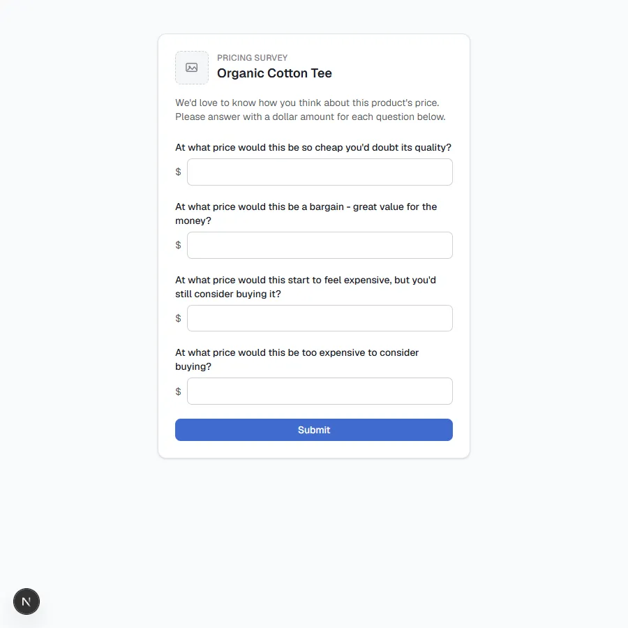 A customer-facing Zorin price sensitivity survey page showing the four classic Van Westendorp questions with a dollar-amount input for each