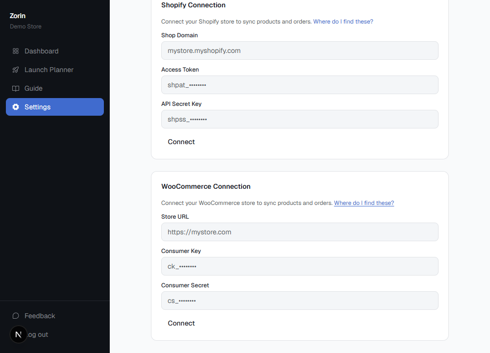 Settings page with the Shopify connection card